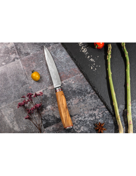 Wusaki Damascus 10Cr 12cm Universal knife Olive wood handle