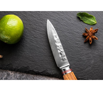 Cuchillo mondador de Damasco Wusaki 10Cr 9cm mango de madera de olivo 2