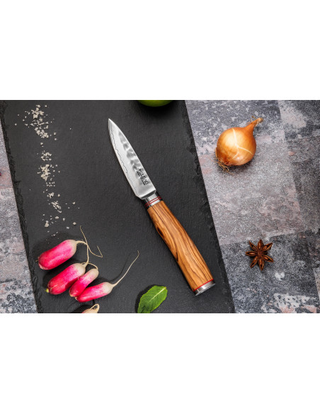 Conjunto de 2 facas Wusaki Damascus 10Cr com cabo em madeira de oliveira Chef + Escritório