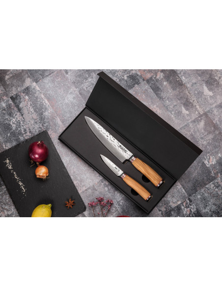 Conjunto de 2 facas Wusaki Damascus 10Cr com cabo em madeira de oliveira Chef + Escritório