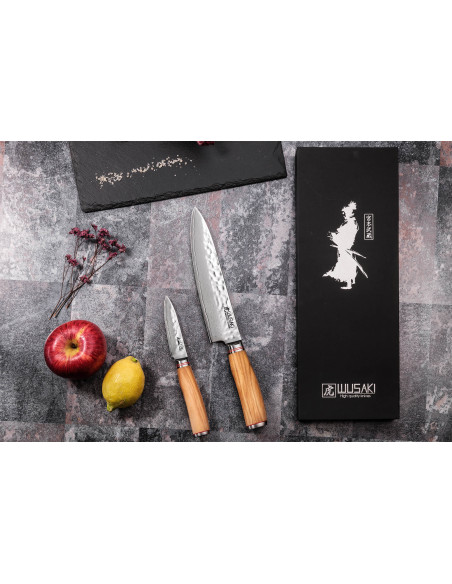 Set di 2 coltelli Wusaki Damasco 10Cr con manici in legno d'ulivo Chef + Office