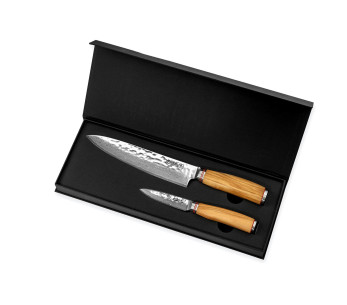 Juego de 2 cuchillos Wusaki Damasco 10Cr con mango de madera de olivo Chef + Office