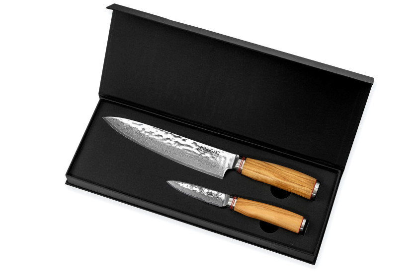 Conjunto de 2 facas Wusaki Damascus 10Cr com cabo em madeira de oliveira Chef + Escritório