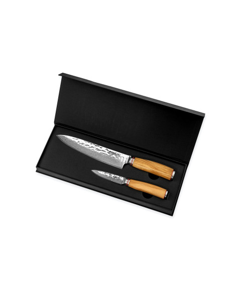 Conjunto de 2 facas Wusaki Damascus 10Cr com cabo em madeira de oliveira Chef + Escritório