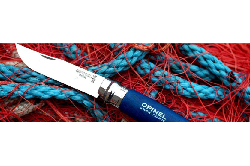 Opinel lommekniv n°08 Baroudeur blåt skaft + ledning
