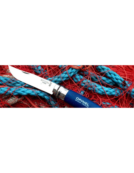 Opinel lommekniv n°08 Baroudeur blåt skaft + ledning