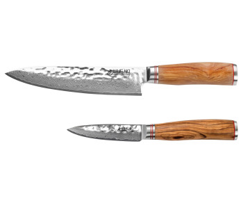 Set med 2 Wusaki Damascus 10Cr-knivar med olivträhandtag Chef + Office 2