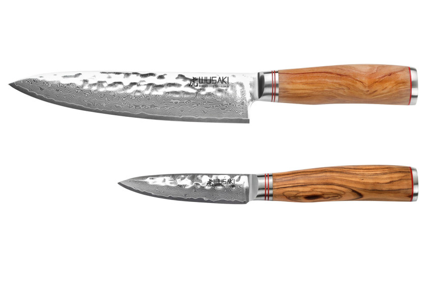 Set di 2 coltelli Wusaki Damasco 10Cr con manici in legno d'ulivo Chef + Office