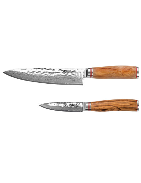 Conjunto de 2 facas Wusaki Damascus 10Cr com cabo em madeira de oliveira Chef + Escritório
