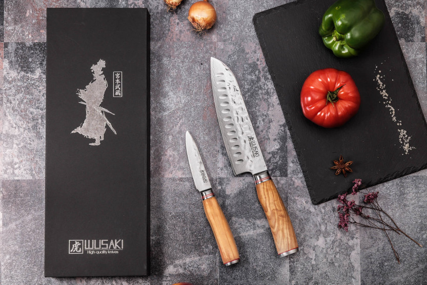Set of 2 Wusaki Damascus 10Cr knives with olive wood handles Santoku + Office