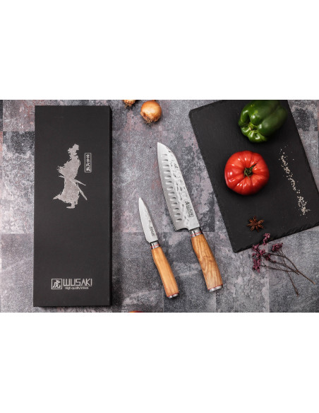 2 kpl Wusaki Damascus 10Cr veitset oliivipuukahvoilla Santoku + Office -veitset