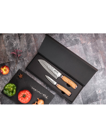 Set mit 2 Wusaki Damastmesser 10Cr Griffe aus Olivenholz Santoku + Office