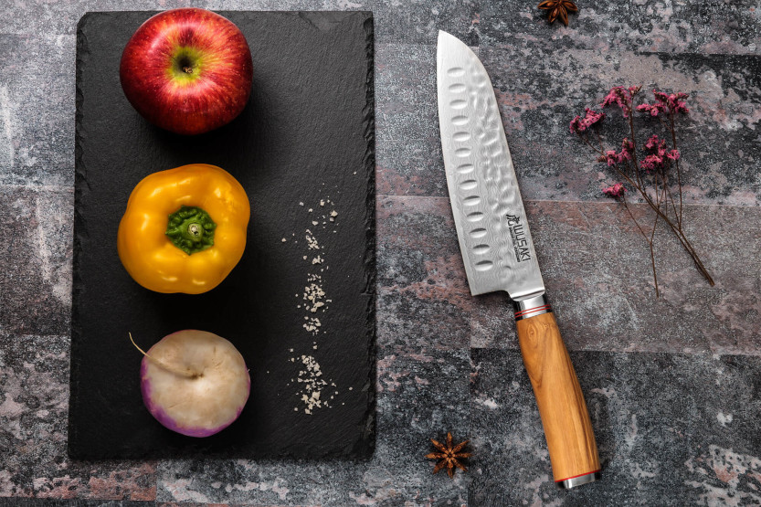 Conjunto de 2 facas Wusaki Damascus 10Cr Santoku com cabo em madeira de oliveira + facas de escritório