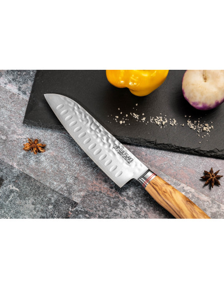 Conjunto de 2 facas Wusaki Damascus 10Cr Santoku com cabo em madeira de oliveira + facas de escritório