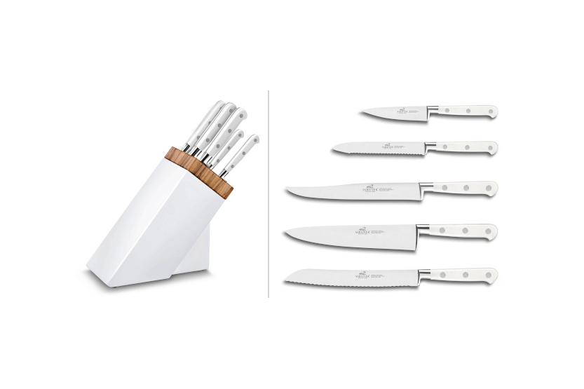 Bloc Sabatier blanc et olivier 5 couteaux forgés Toque Blanche