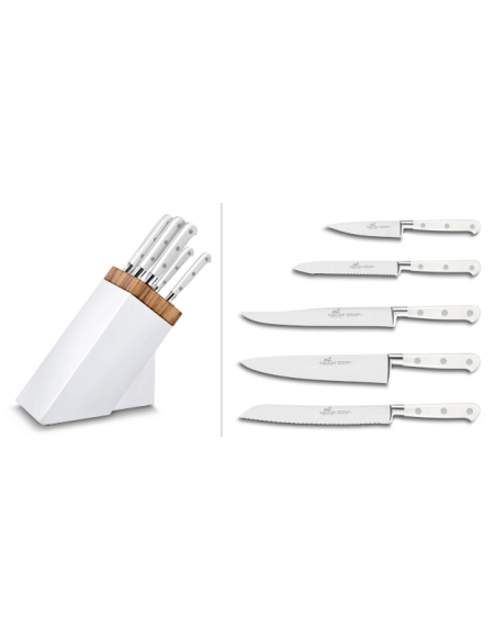 Sabatier Bloque para cuchillos blanco y madera de olivo 5 cuchillos forjados Toque Blanche