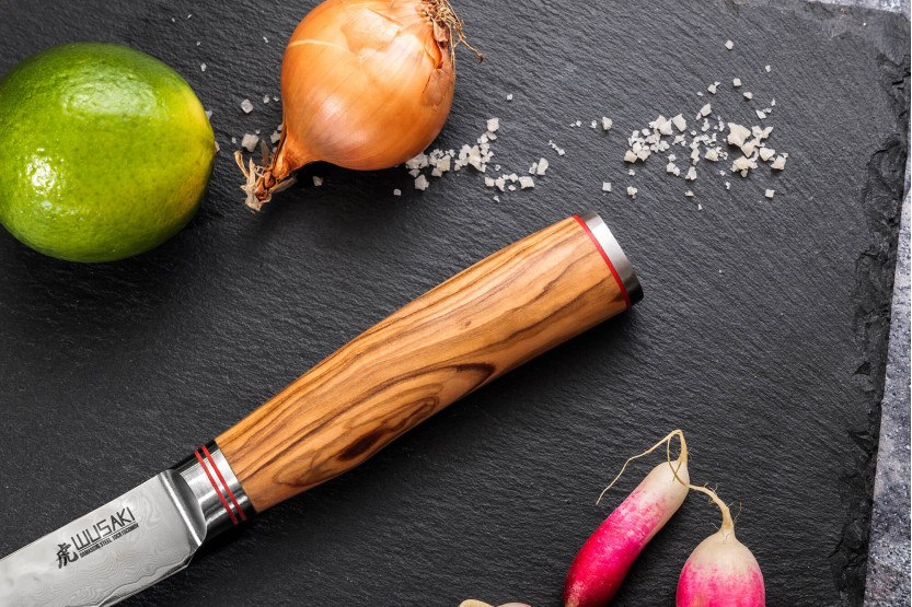 Set van 2 Wusaki Damascus 10Cr messen met olijfhouten handvatten Santoku + Office