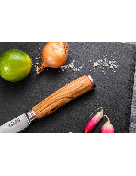 Juego de 2 cuchillos Wusaki Damasco 10Cr Santoku mangos de madera de olivo + Office
