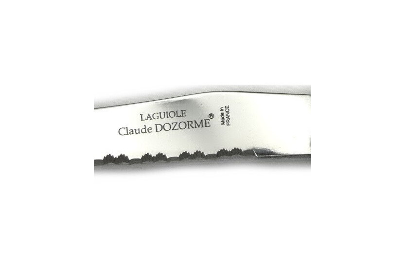 Knivsæt med 6 Laguiole steakknive C. DOZORME savtakkede blade gule perlemorsskafter