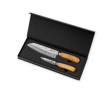 Set om 2 Wusaki Damaskus 10Cr knivar med olivträhandtag Santoku + Office