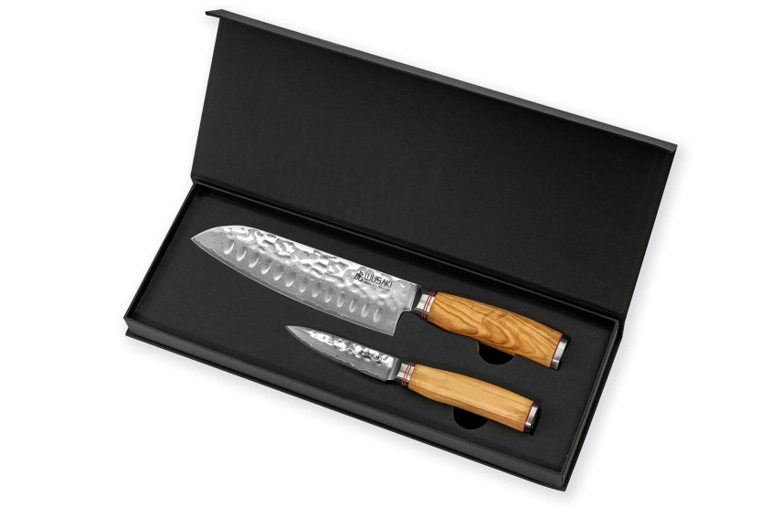 Set mit 2 Wusaki Damastmesser 10Cr Griffe aus Olivenholz Santoku + Office