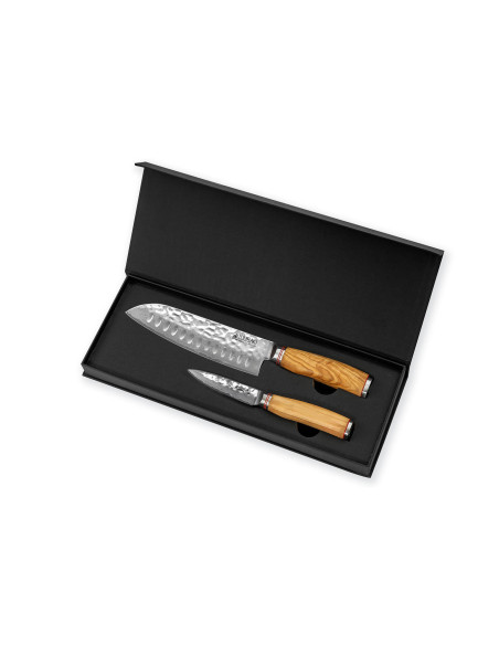 Juego de 2 cuchillos Wusaki Damasco 10Cr Santoku mangos de madera de olivo + Office