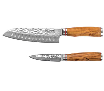 Set van 2 Wusaki Damascus 10Cr messen met olijfhouten handvatten Santoku + Office 2