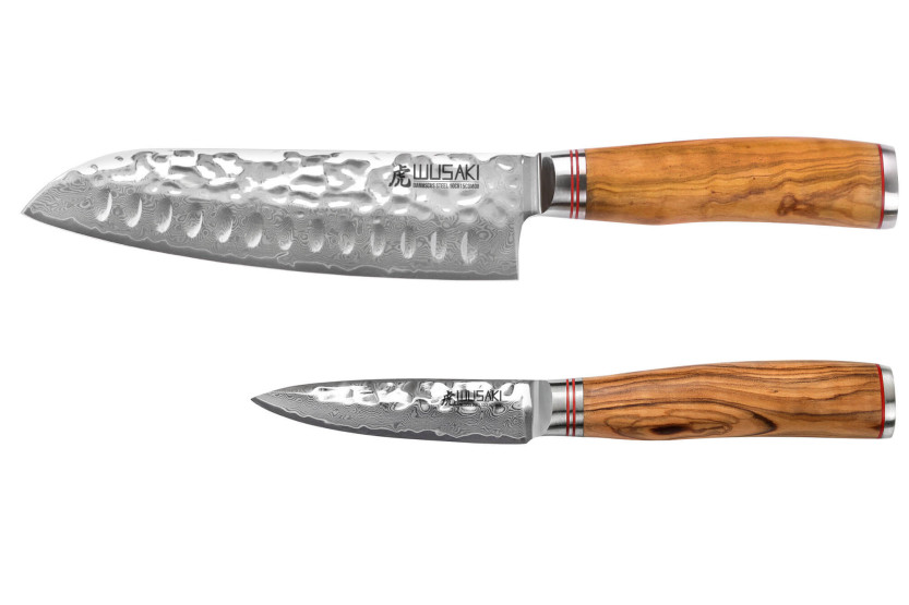 Conjunto de 2 facas Wusaki Damascus 10Cr Santoku com cabo em madeira de oliveira + facas de escritório