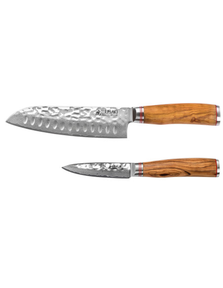 Set mit 2 Wusaki Damastmesser 10Cr Griffe aus Olivenholz Santoku + Office
