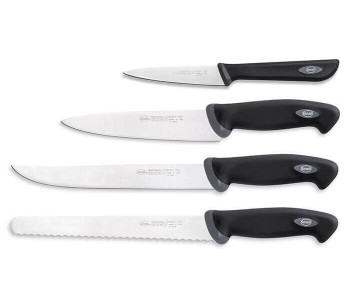 4 SANELLI Gourmet ammattikäyttöön tarkoitetun keittiöveitsen Veitsisarja, jossa on mustat kädensijat 2
