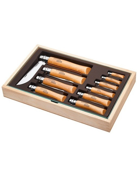 Coffret vitrine en bois Opinel Carbone 10 couteaux de poche