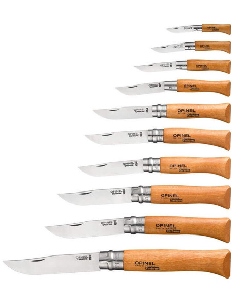 Knivset Opinel Carbone trävitrinskåp 10 fickknivar bokträhandtag