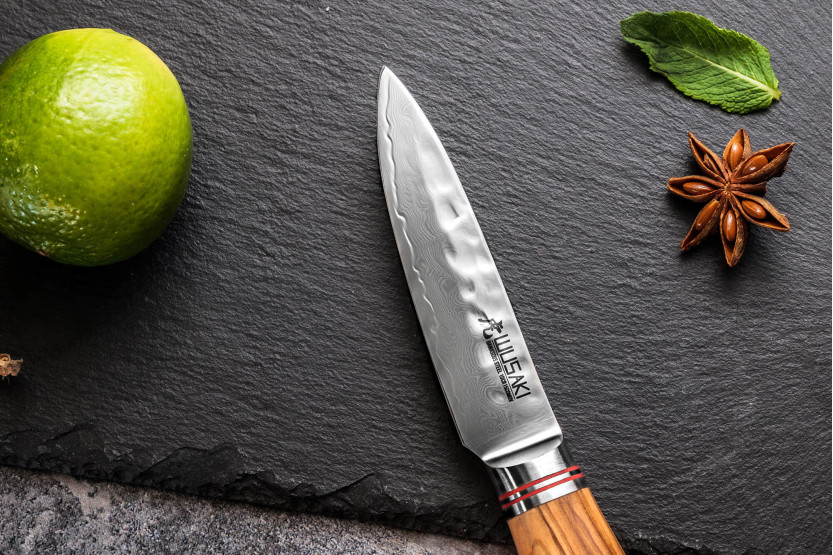 Conjunto de 3 facas de madeira de oliveira Wusaki Damascus 10Cr Chef + Universal + Escritório
