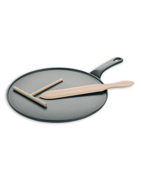 Sartén de hierro fundido negro + espátula + rastrillo de haya