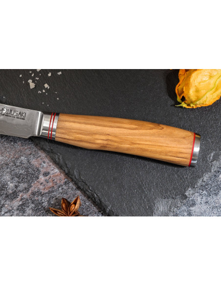 Sett med 3 Wusaki Damascus 10Cr-kniver i oliventre Kokk + Universal + Kontor