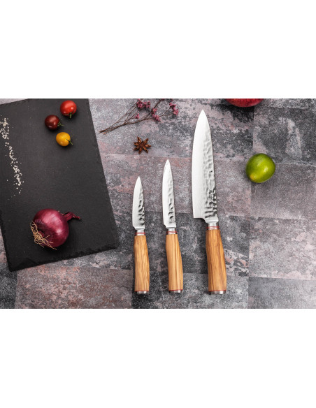 Conjunto de 3 facas de madeira de oliveira Wusaki Damascus 10Cr Chef + Universal + Escritório