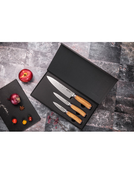 Messerset 3 Wusaki Damastmesser 10Cr Olivenbaum Chef + Universal + Office