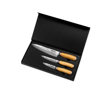 3 Wusaki Damascus 10Cr oliivipuuveitset Kokki + Universal + Toimistoveitsisarja