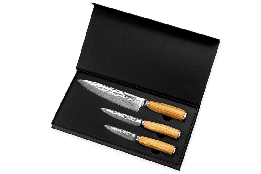 Conjunto de 3 facas de madeira de oliveira Wusaki Damascus 10Cr Chef + Universal + Escritório