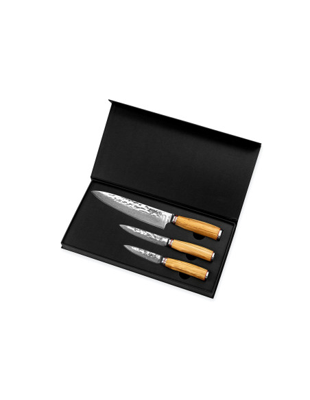 Conjunto de 3 facas de madeira de oliveira Wusaki Damascus 10Cr Chef + Universal + Escritório