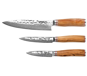 3 Wusaki Damascus 10Cr oliivipuuveitset Kokki + Universal + Toimistoveitsisarja 2