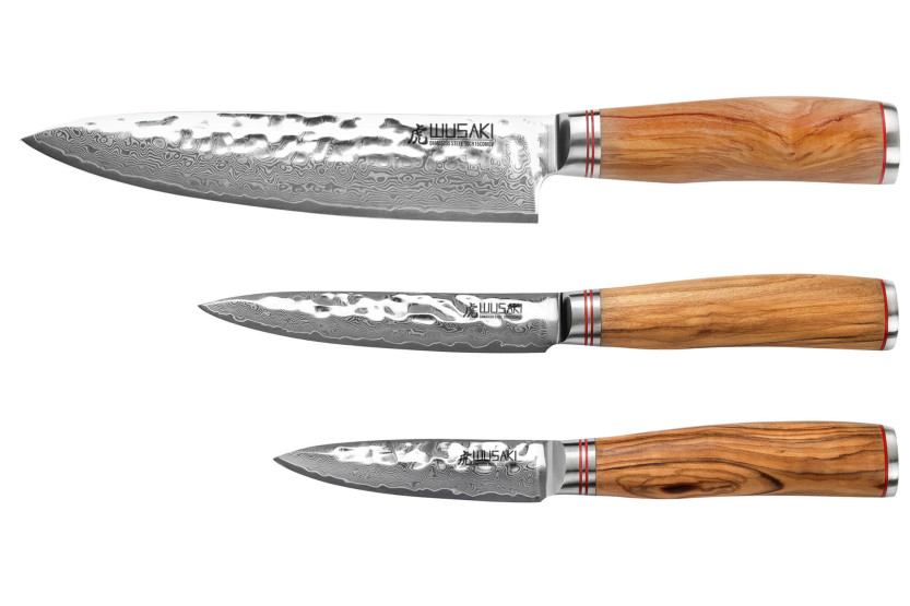Juego de 3 cuchillos Wusaki Damasco 10Cr madera de olivo Chef + Universal + Office