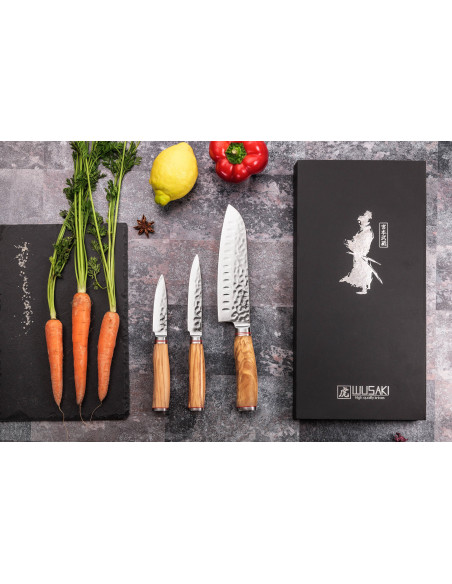3 Wusaki Damascus 10Cr oliivipuusta Santoku + Universal + Toimistoveitset - sarja, 3 kpl