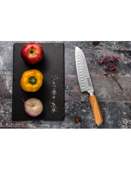 Set of 3 Wusaki Damascus 10Cr olive wood Santoku + Universal + Office knives