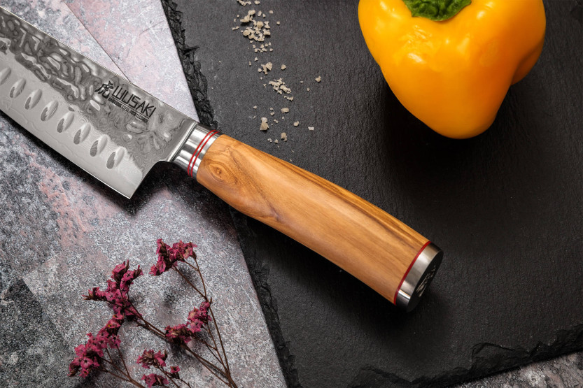 Estuche 3 cuchillos Wusaki Damasco 10Cr madera de olivo Santoku + Universal + Office