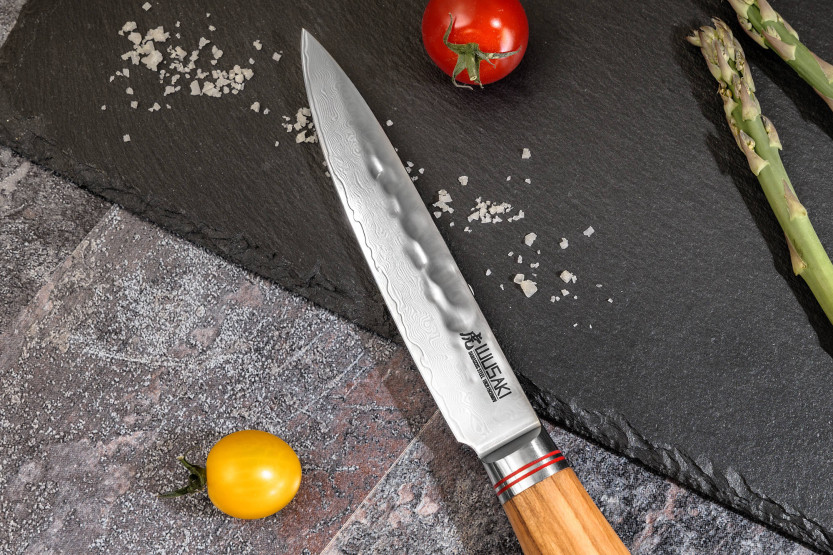 Set van 3 Wusaki Damascus 10Cr olijfhouten Santoku + Universele + Kantoormessen