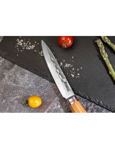 Set of 3 Wusaki Damascus 10Cr olive wood Santoku + Universal + Office knives