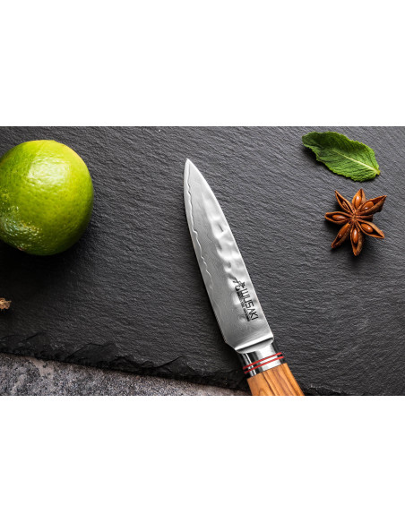 Estuche 3 cuchillos Wusaki Damasco 10Cr madera de olivo Santoku + Universal + Office