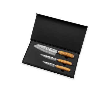 Conjunto de 3 facas Wusaki Damascus 10Cr em madeira de oliveira Santoku + Universal + Facas de escritório