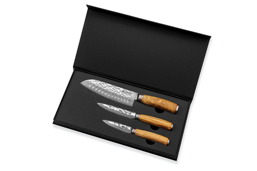 Conjunto de 3 facas Wusaki Damascus 10Cr em madeira de oliveira Santoku + Universal + Facas de escritório
